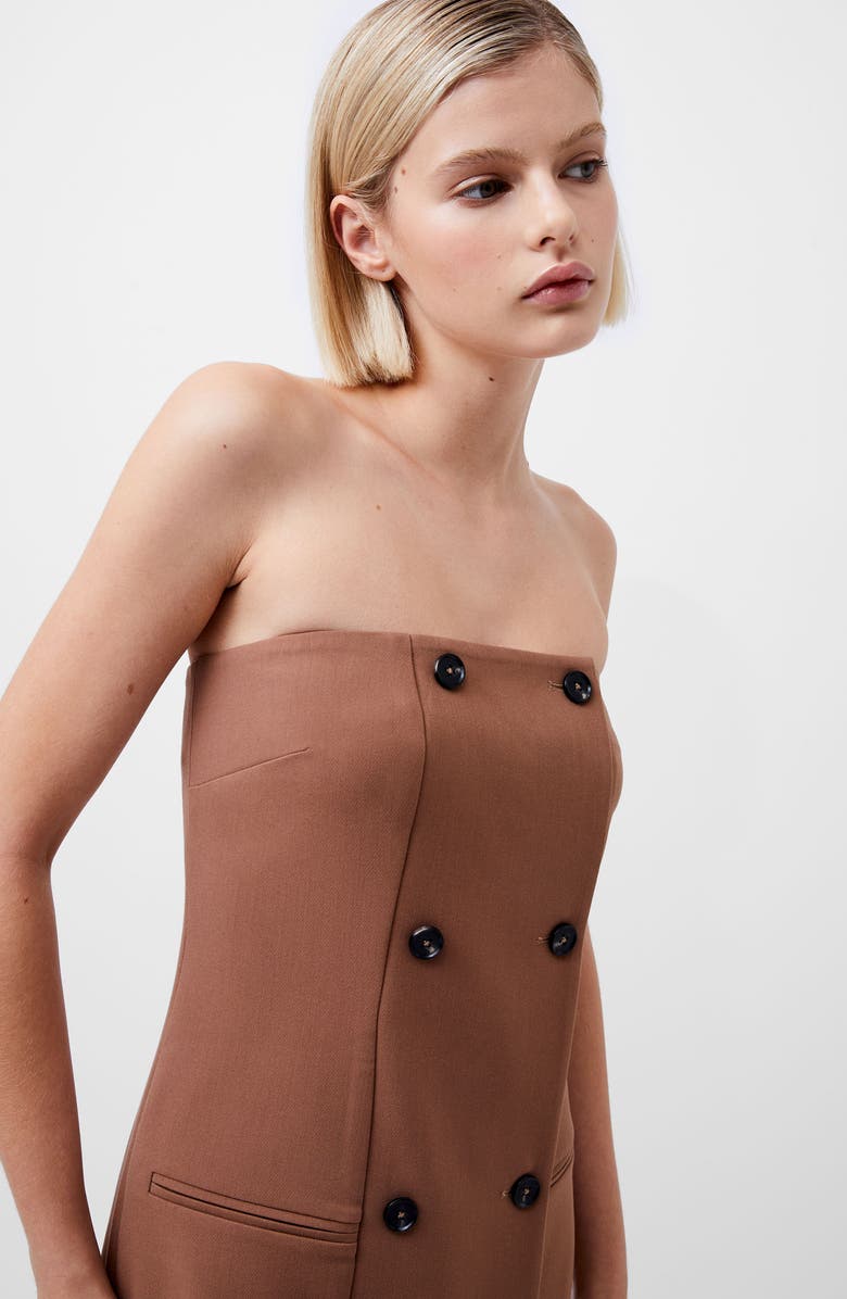 French Connection Azra Double Breasted Strapless Twill Midi Dress, Alternate, color, 25-Camel