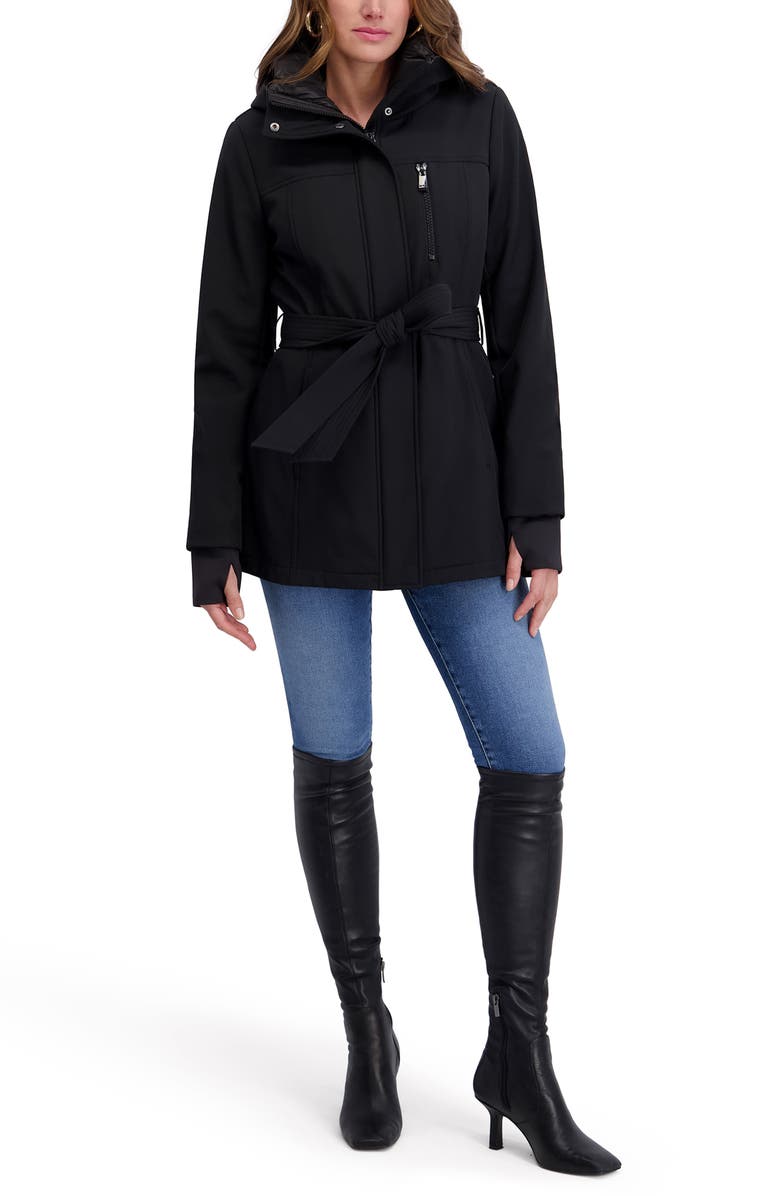 Kensie Softshell Belted Jacket, Alternate, color, Black