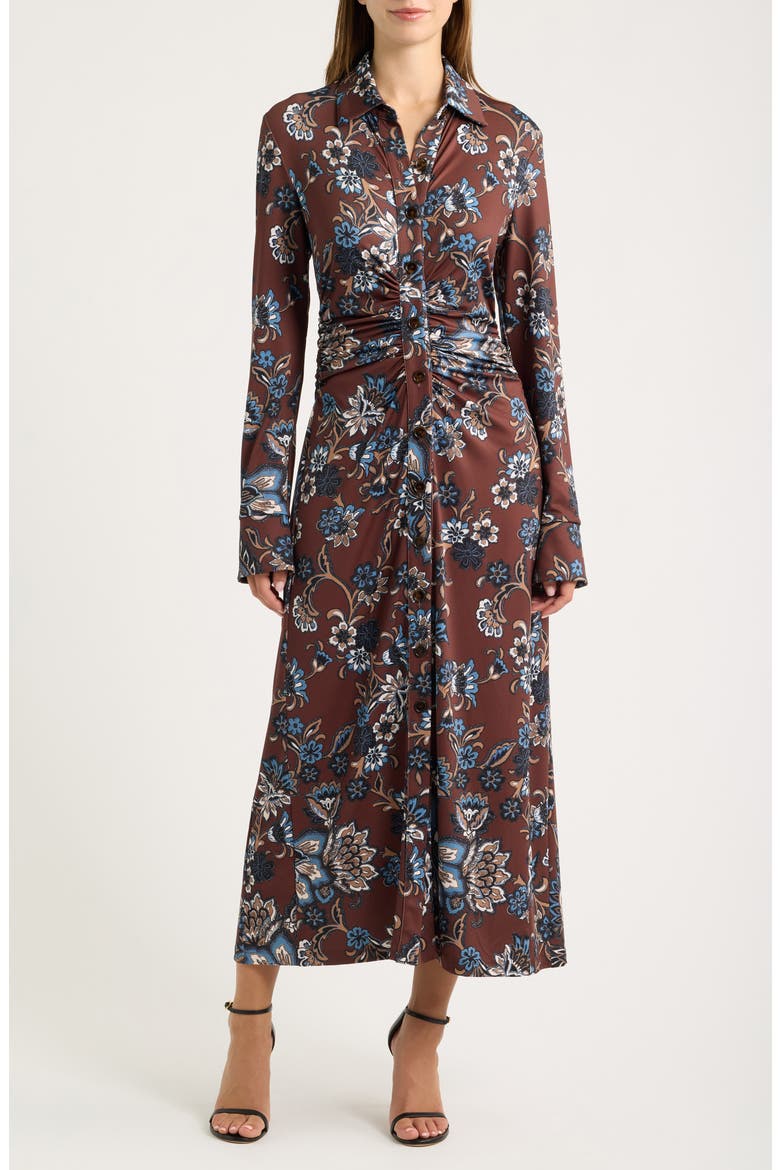 Floral Long Sleeve Midi Shirtdress, Main, color, BROWN MULTI