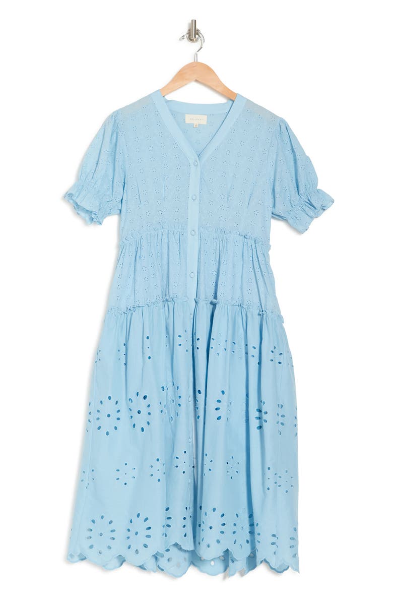 MELLODAY Short Sleeve Button Front Eyelet Midi Dress, Alternate, color,