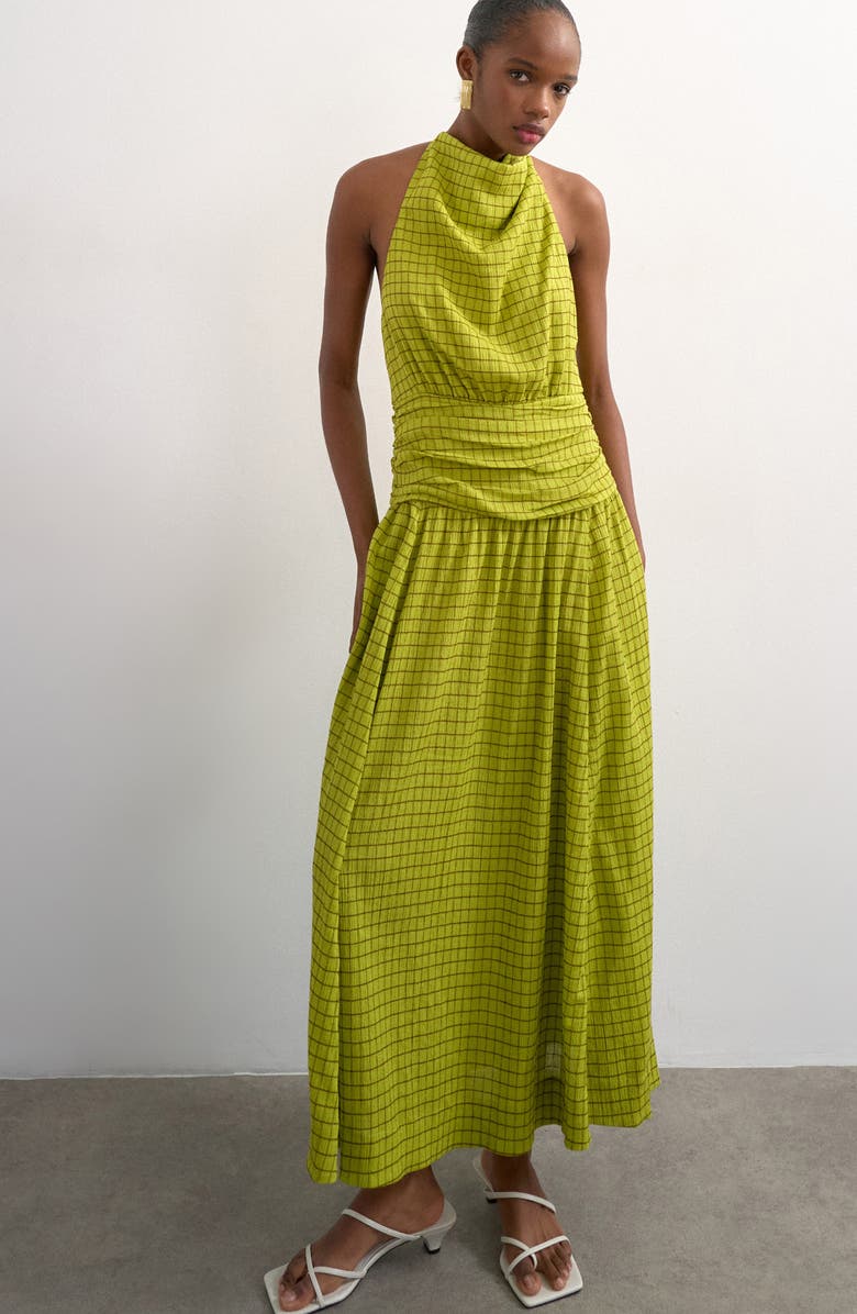 Topshop Check Print Halter Maxi Dress, Main, color, Green