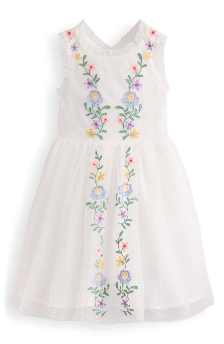 Mini Boden Kids' Embroidered Cross Back Tulle Dress, Main, color, Soft Ivory