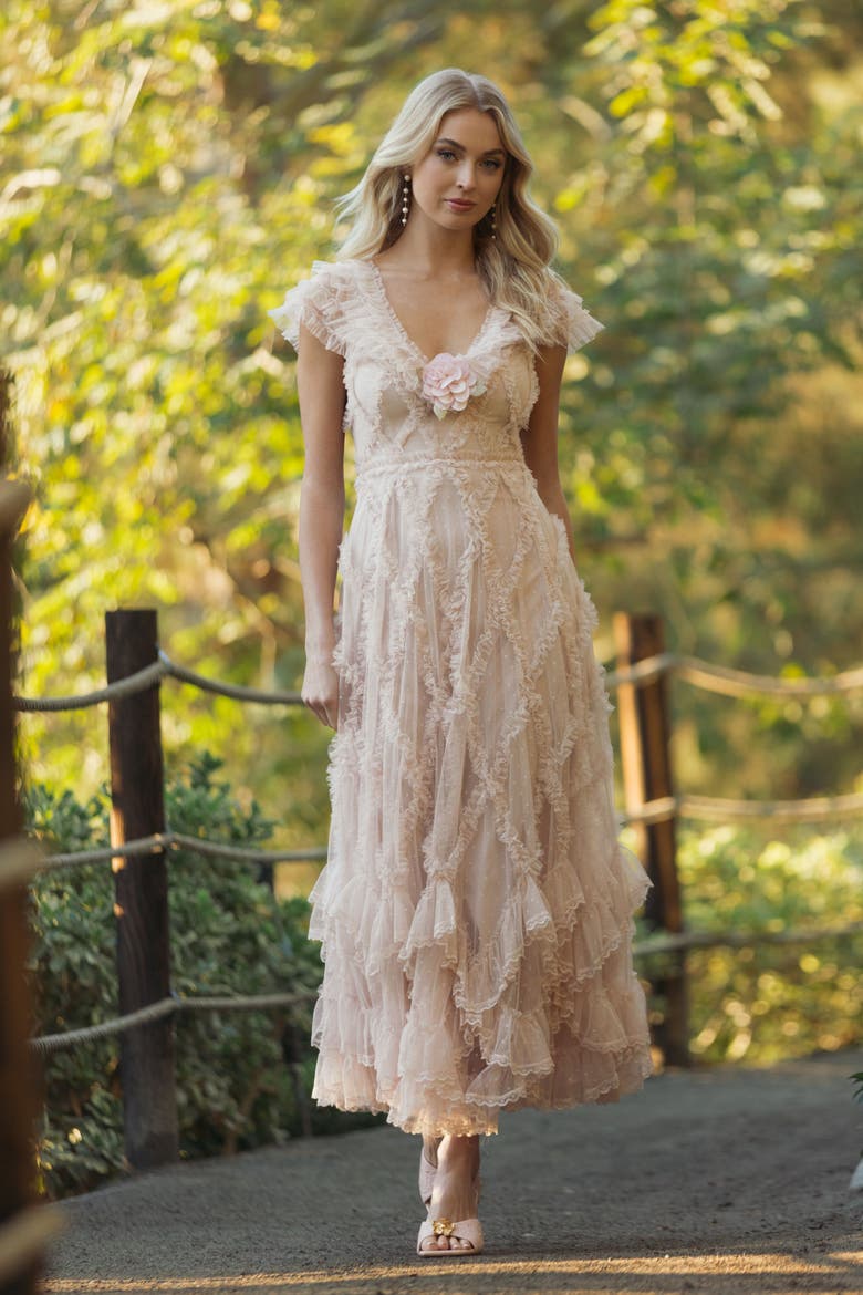 Petite Micro Ruffle Cap Sleeve A-Line Midi Dress, Alternate, color, Blush