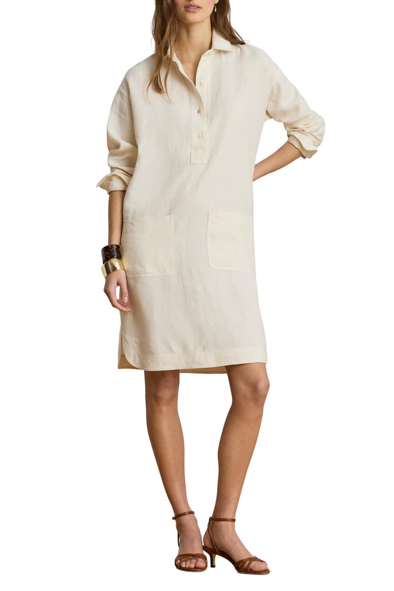 Classic Collar Long Sleeve Linen Shirtdress, Main, color, MASCARPONE CREAM