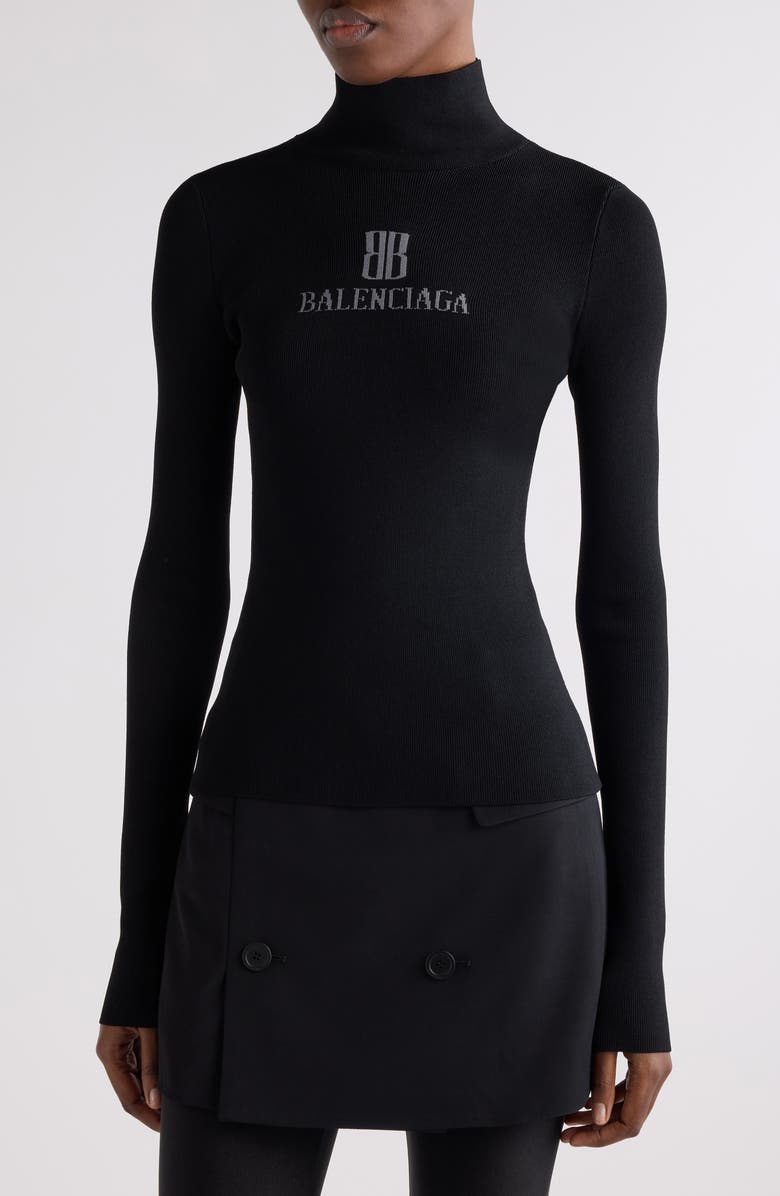 Balenciaga Nano Logo Rib Turtleneck Sweater, Alternate, color, 1369 Black/ Dark Grey