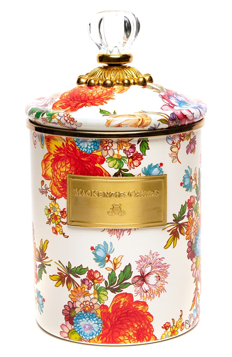 MACKENZIE CHILDS Flower Market Enameled Steel Medium Canister, Main, color, White Multi