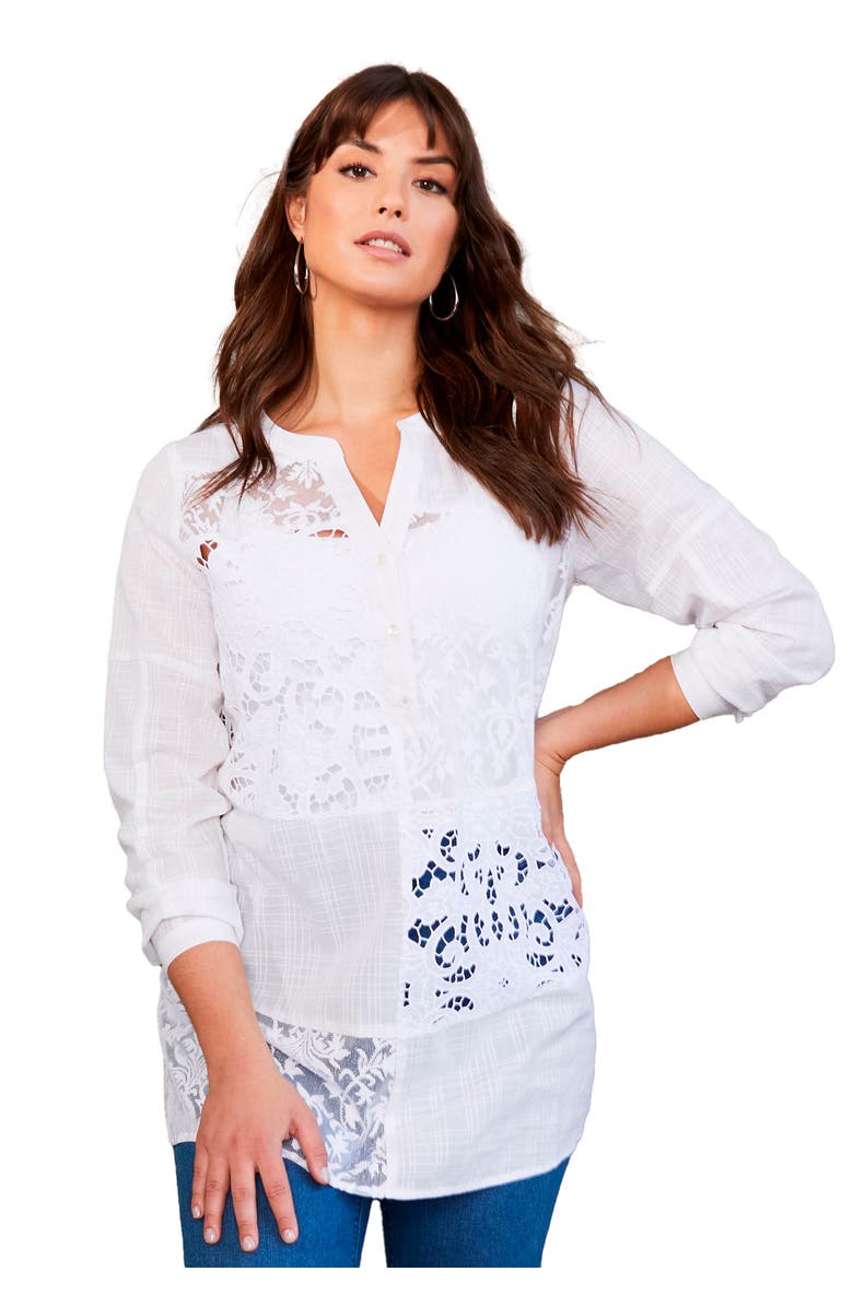 June + Vie Lace-Paneled Blouse, Main, color, White