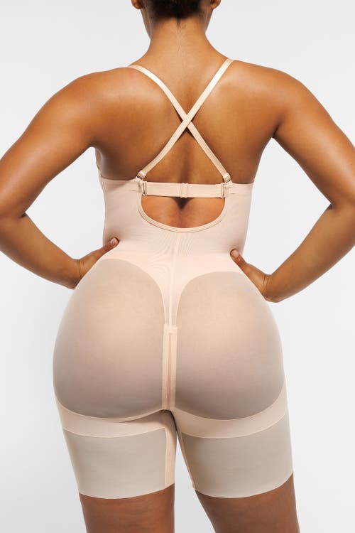 Shapellx Deep Plunge Butt Lifting Shaping Bodysuit In Pinkish Beige
