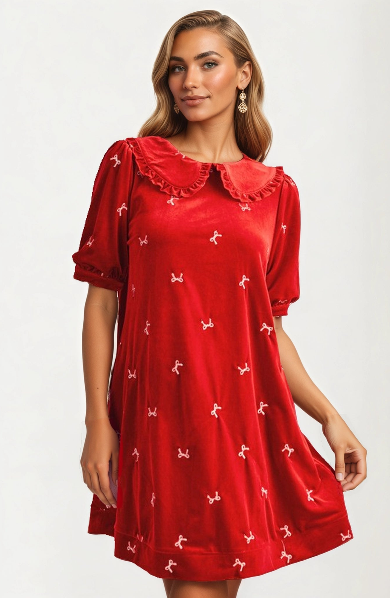 Knit and Lounge Velvet Mini Dress with Embroidered Details and Peter Pan Collar, Main, color,