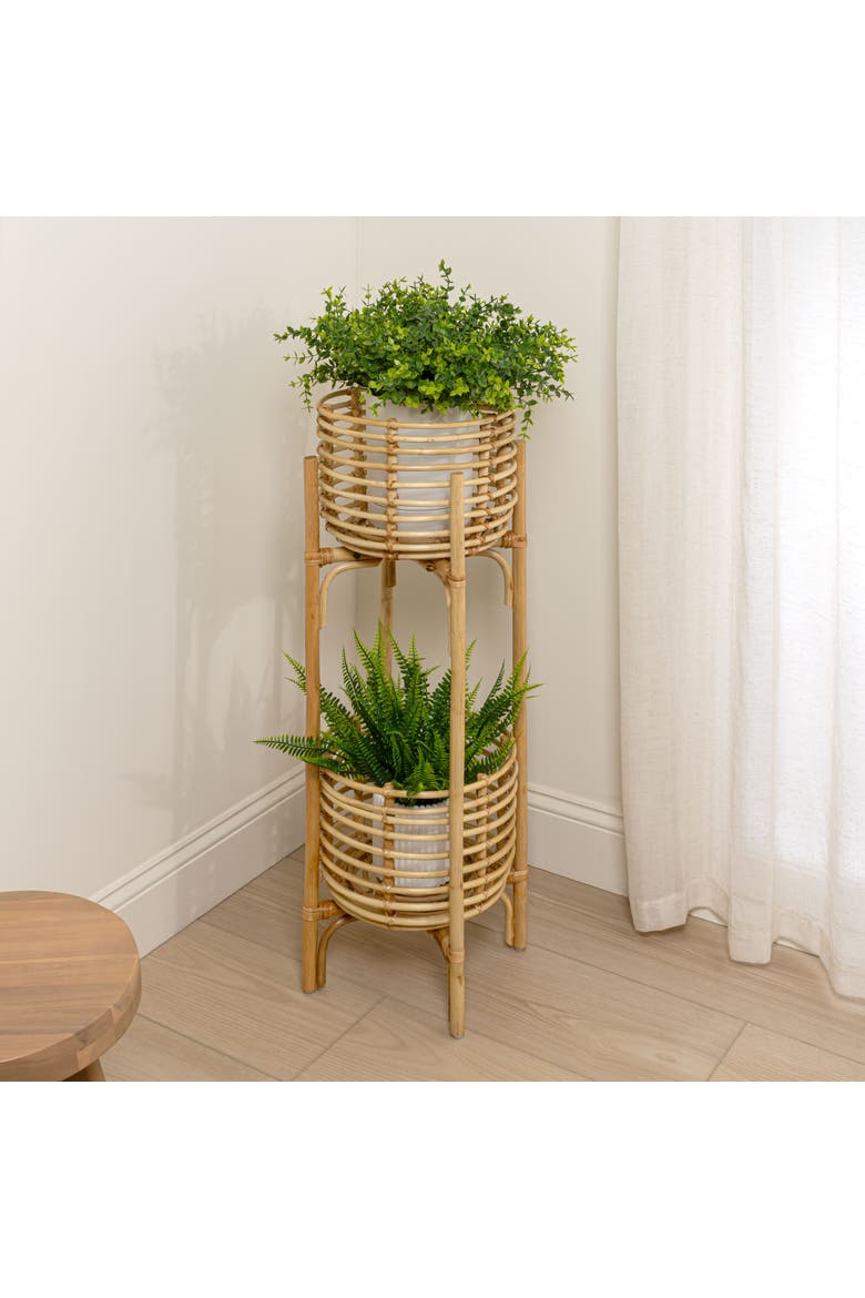 Zachariah 33.5" Bohemian Minimalist Handmade 2-Tier Rattan Indoor Planter Stand, Alternate, color, Natural