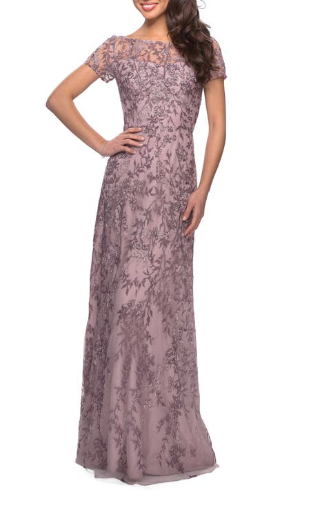 Floral Beaded Evening Dress with Sheer Cap Sleeves