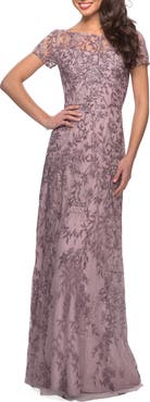 La Femme Floral Beaded Evening Dress with Sheer Cap Sleeves