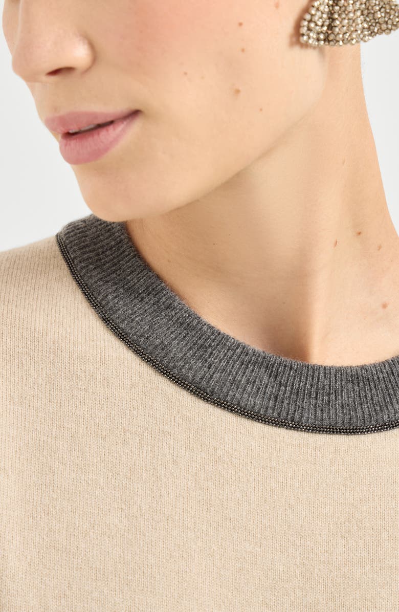 Brunello Cucinelli Dress with shiny contrast trims, Alternate, color, Beige