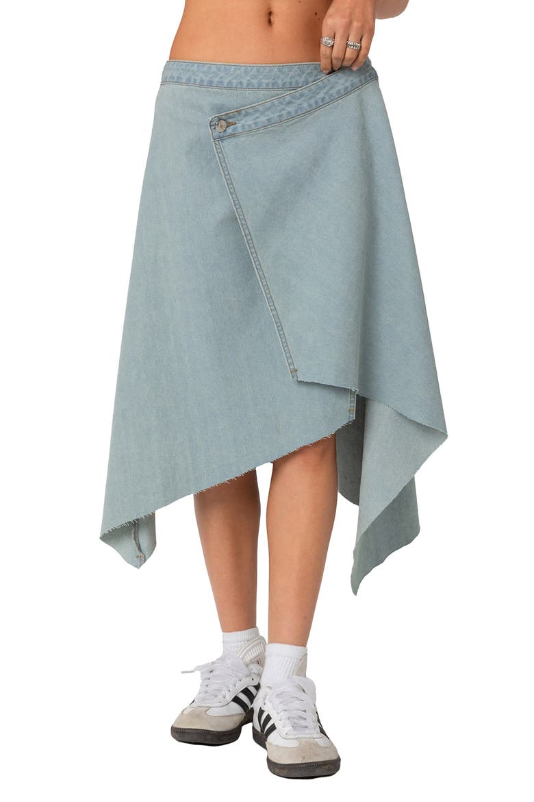 Asymmetric Wrap Denim Midi Skirt, Main, color, LIGHT-BLUE
