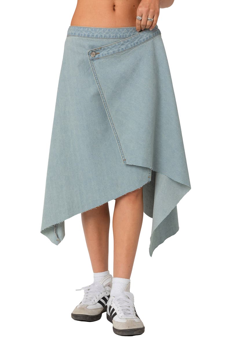 EDIKTED Asymmetric Wrap Denim Midi Skirt, Main, color, Light-Blue