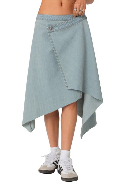 Asymmetric Wrap Denim Midi Skirt