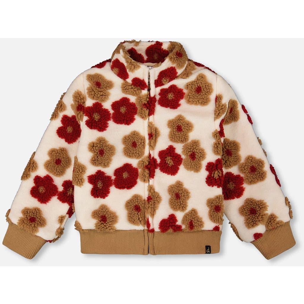 Deux Par Deux Full Zip Jacket With Jacquard Floral In Brown