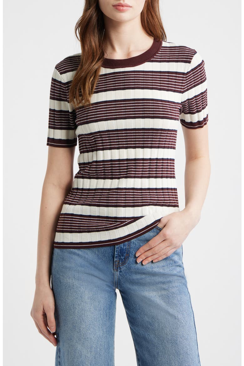 Ellen Stripe Short Sleeve Sweater, Main, color, BURGUNDY