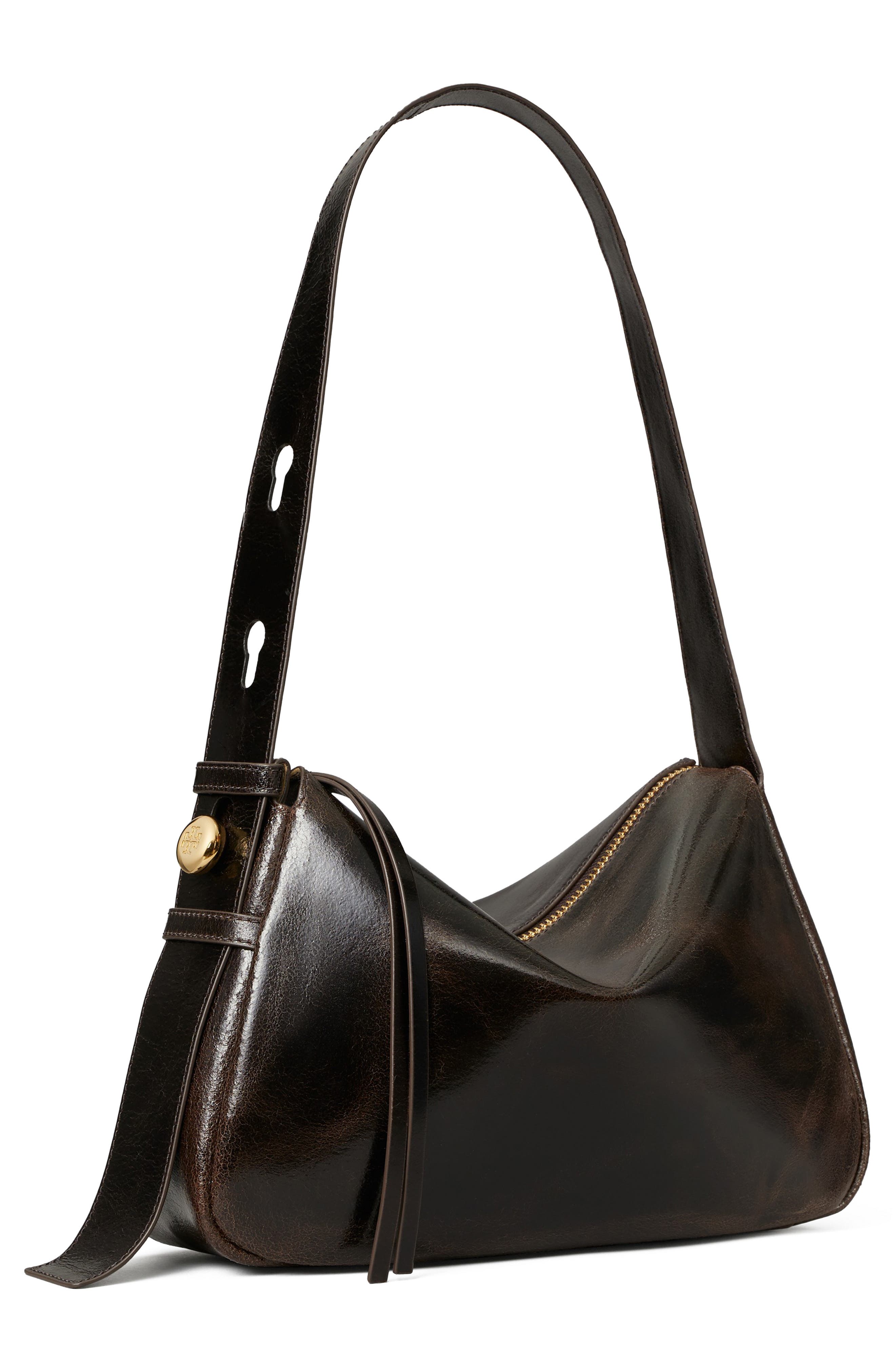 Romy Distressed Leather Shoulder Bag, Alternate, color, DARK BROWN