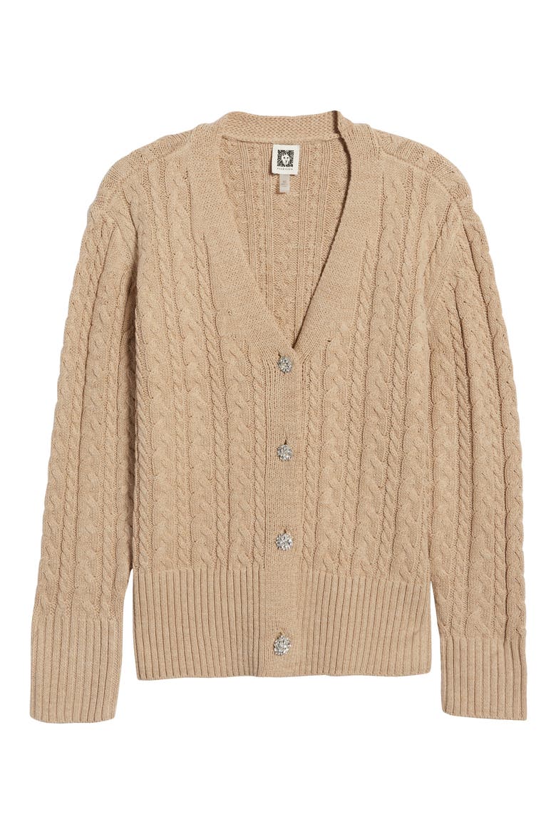 Crystal Embellished Cable Knit V-Neck Cotton Blend Cardigan, Alternate, color, LATTE