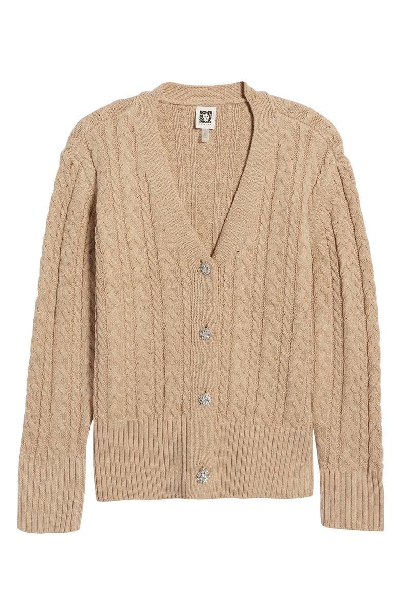 Anne Klein Crystal Embellished Cable Knit V-Neck Cotton Blend Cardigan, Alternate, color, 
