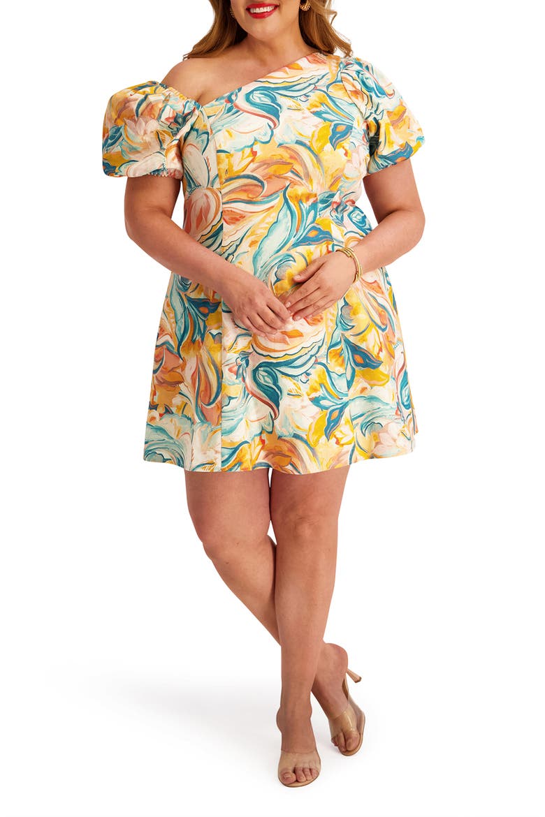 One-Shoulder Puff Sleeve Fit & Flare Dress, Main, color, IVORY MULTI