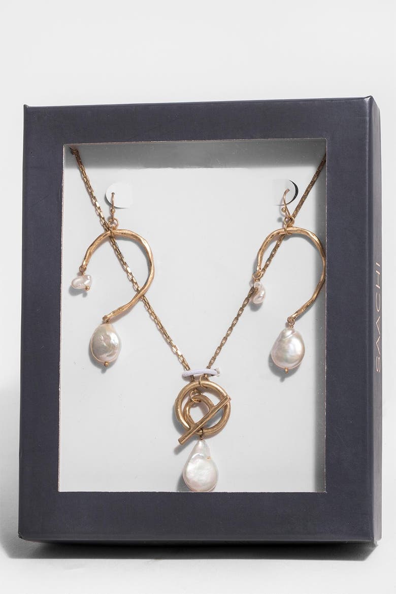 Freshwater Pearl 2-Piece Drop Earrings & Pendant Necklace Set, Alternate, color, GOLD