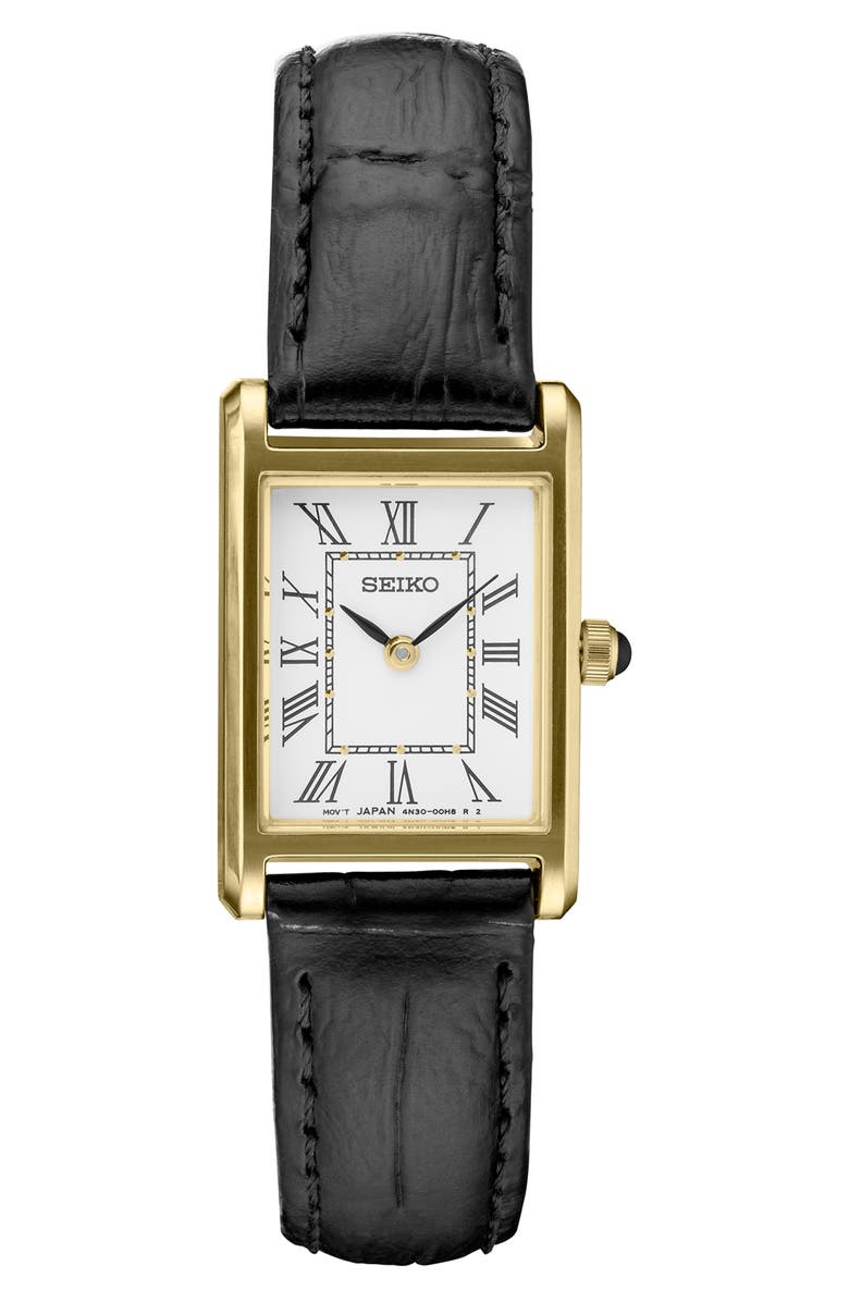 SEIKO WATCHES Essentials Tank Leather Strap Watch, 18.9mm x 26.5mm, Main, color, Yellow Tone