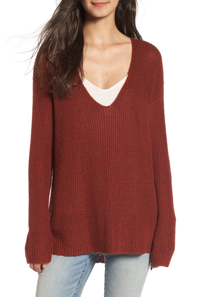 Button Back V-Neck Sweater, Main, color, RUST HENNA