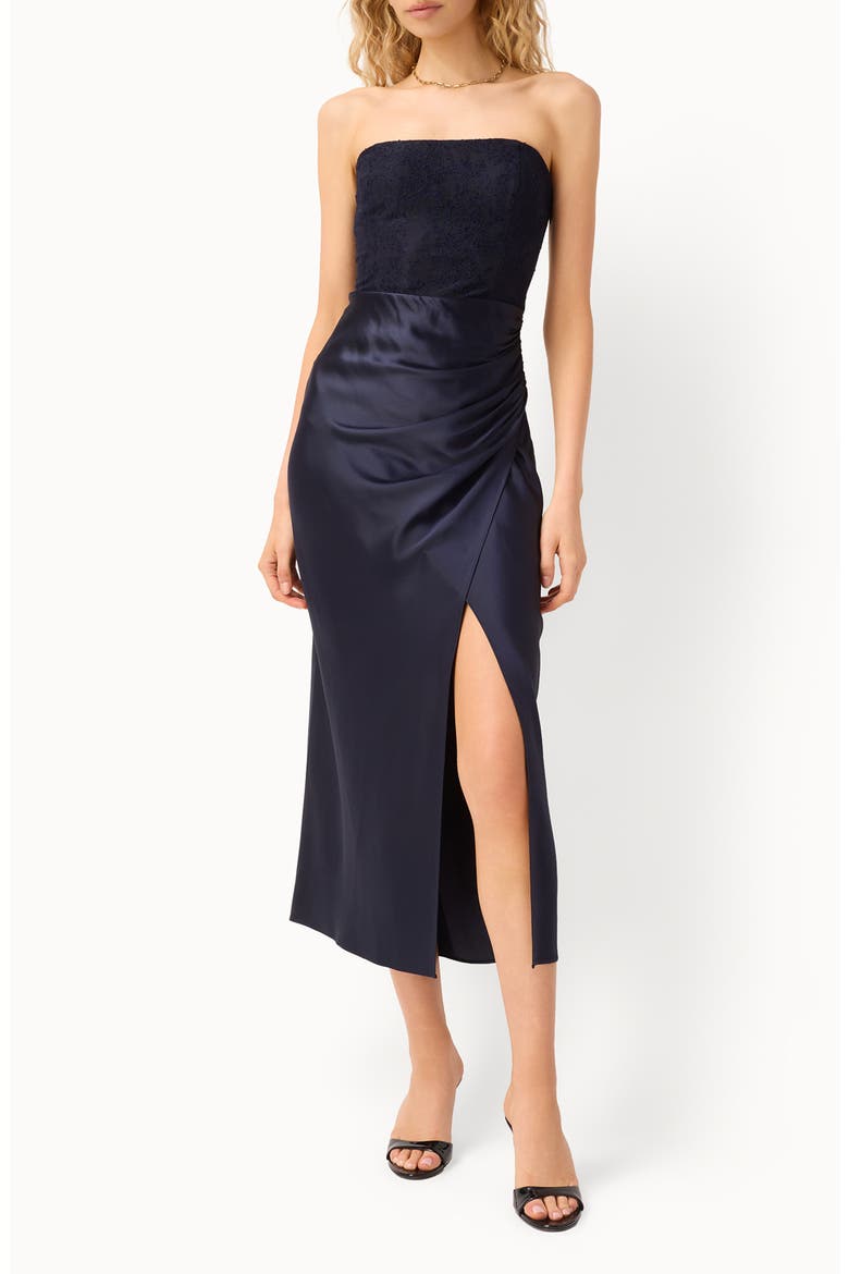 Echo Strapless Mixed Media Dress, Main, color, NAVY