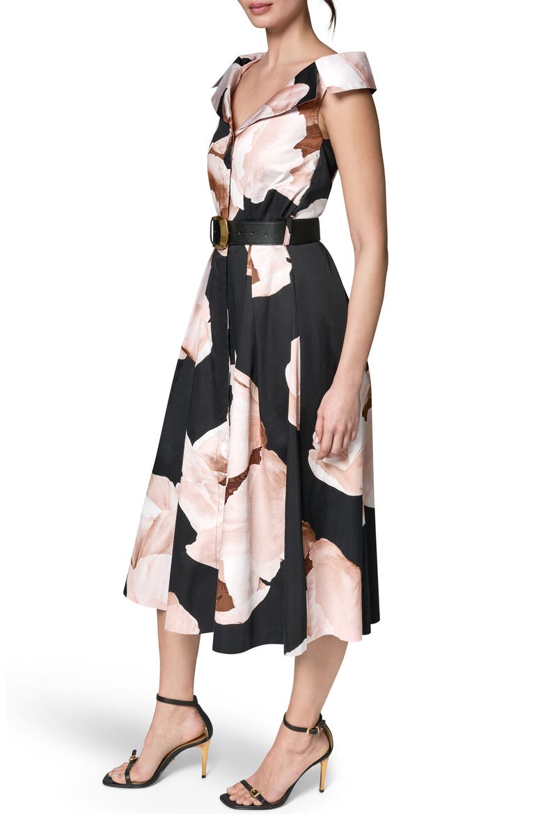 Floral Belted Stretch Fit & Flare Midi Dress, Alternate, color, BLACK MULTI