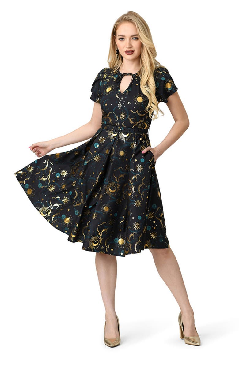 Unique Vintage Short Petal Sleeve Tie Neck Dahlia Swing Dress, Main, color, Black & Gold Galaxy