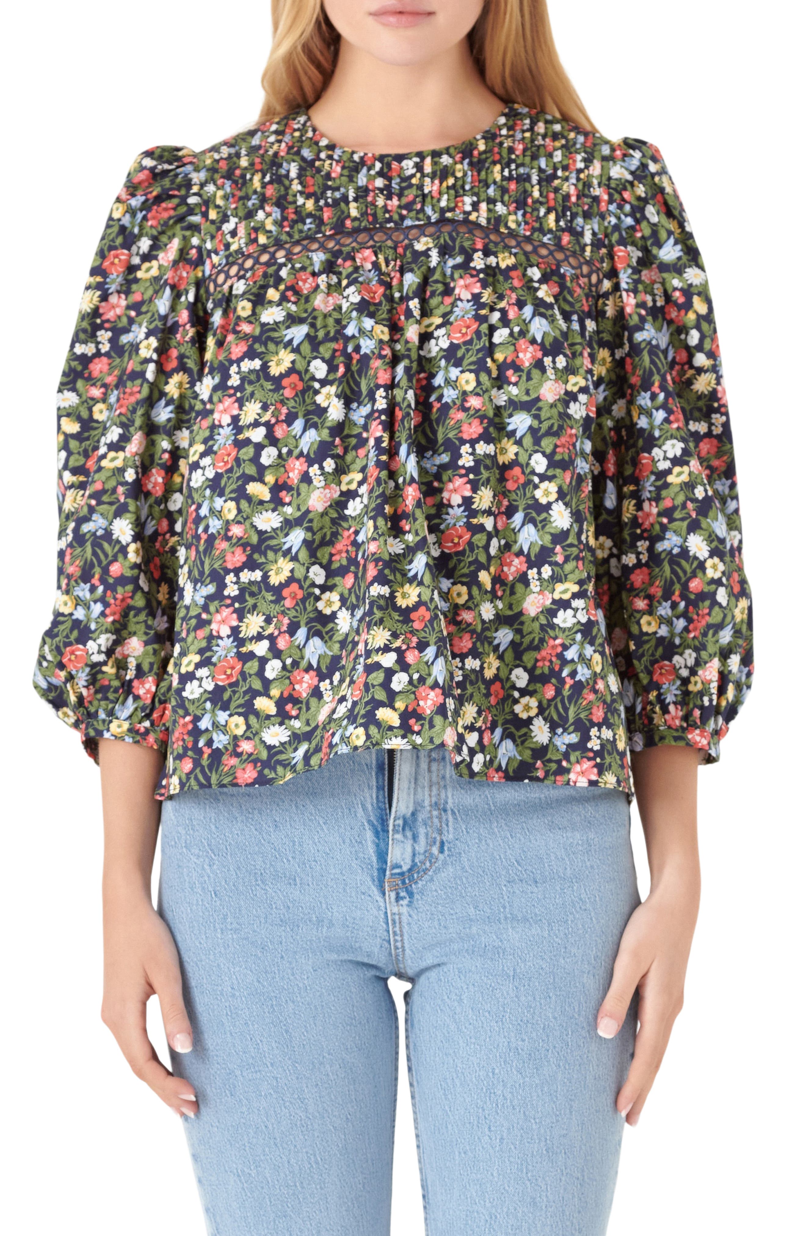 English Factory Floral Pintuck Detail Cotton Popover Top