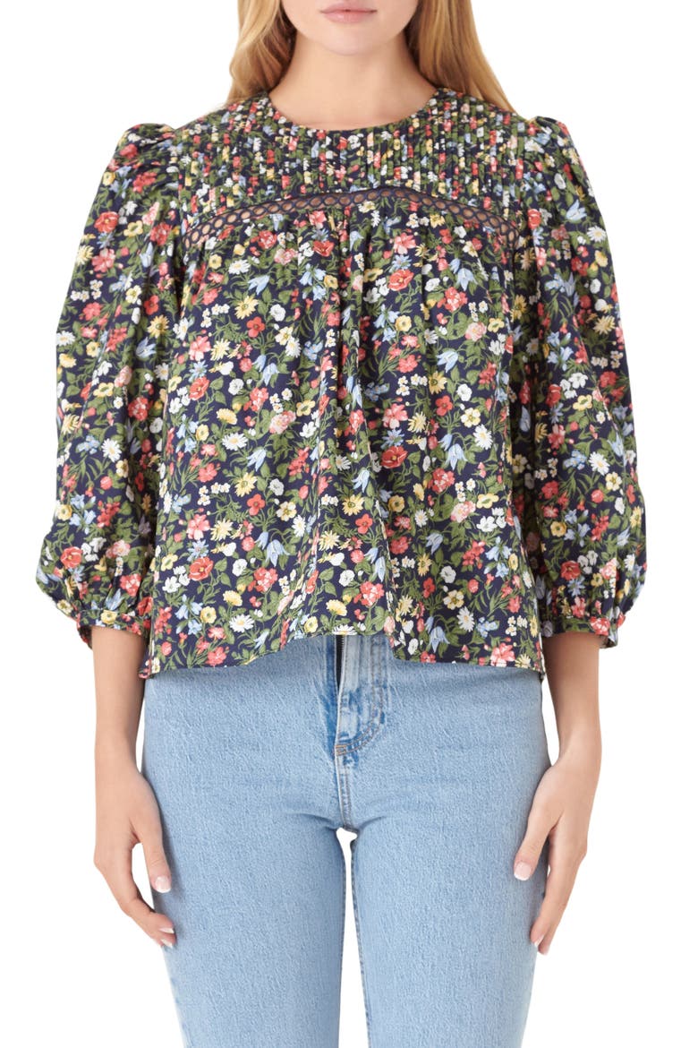 Floral Pintuck Detail Cotton Popover Top, Main, color, NAVY