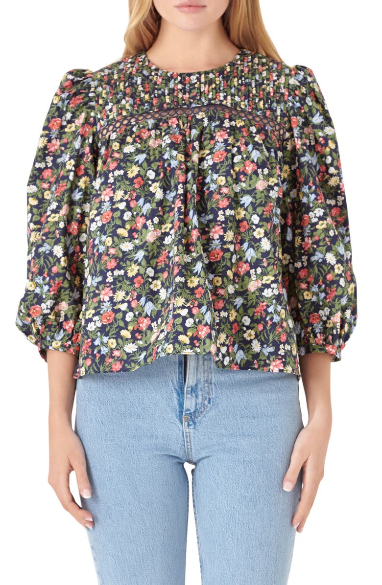 English Factory Floral Pintuck Detail Cotton Popover Top, Main, color, Navy