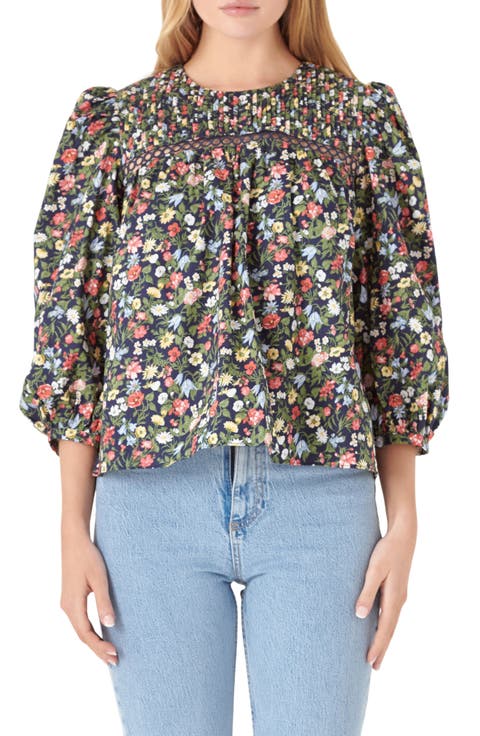 Floral Pintuck Detail Cotton Popover Top