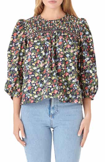 English Factory Floral Pintuck Detail Cotton Popover Top