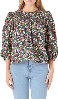 English Factory Floral Pintuck Detail Cotton Popover Top