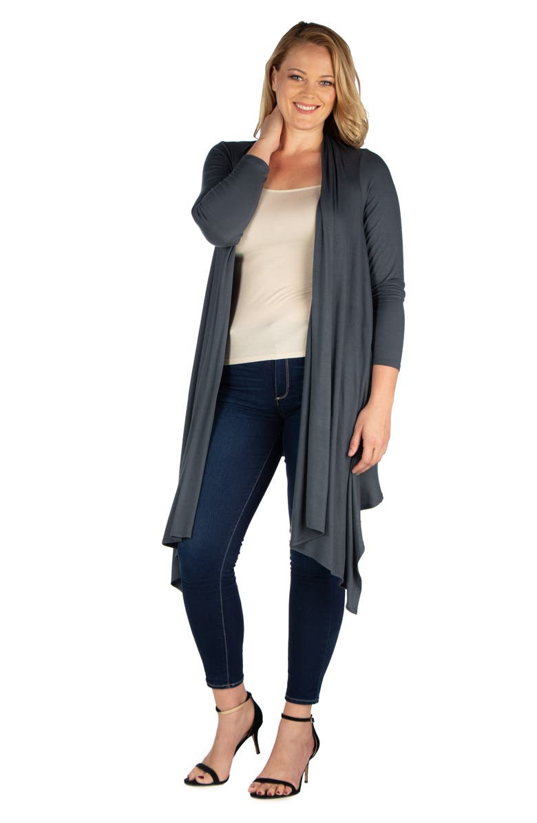 24seven Comfort Apparel Plus Size Extra Long Open Front Cardigan, Main, color, Charcoal