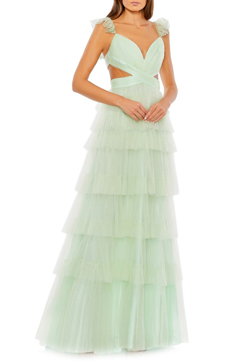 Mac Duggal Tiered Ruffle Cutout Tulle Gown, Main, color, 