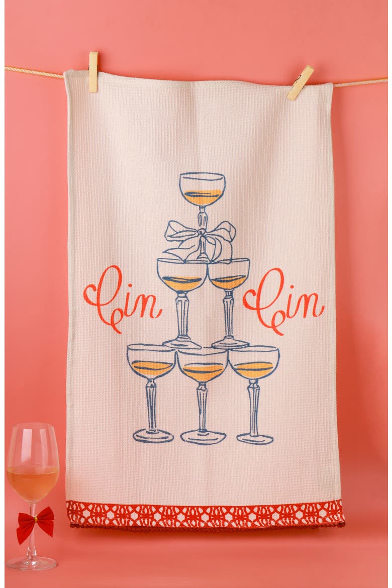 Set of Three Vintage Celebration Kitchen Towels, Alternate, color, CREAM/ CORAL RED/ DUSTY ROSE