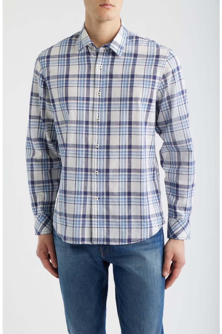 Plaji Regular Fit Plaid Cotton & Linen Button-Up Shirt, Main, color, BLUE