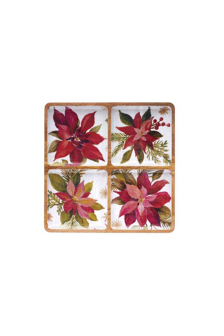 Poinsettias Handpainted Decorative  Mango Wood 4-Section Tray 12" x 12", Main, color, Red