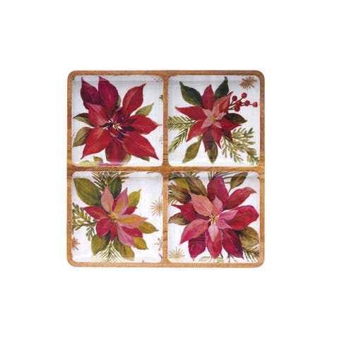 Poinsettias Handpainted Decorative  Mango Wood 4-Section Tray 12" x 12"