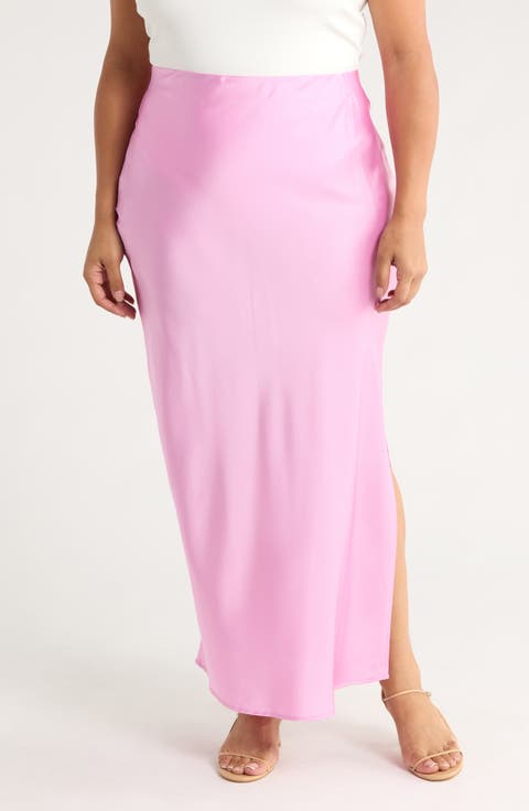 Side Slit Satin Maxi Skirt (Plus)