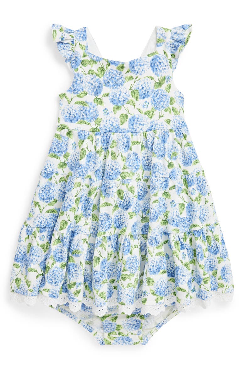 Ralph Lauren Hydrangea Print Cotton Oxford Tiered Sundress & Bloomers, Main, color, 