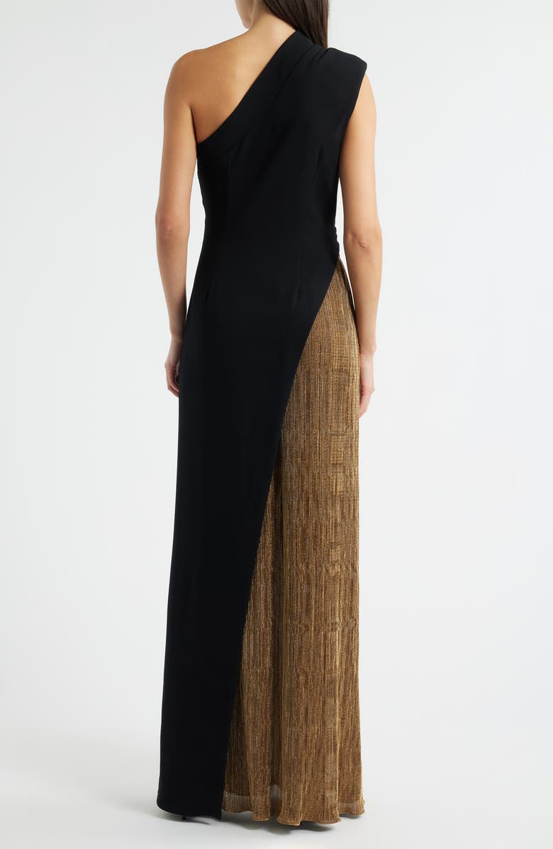 Black Halo Marigold One-Shoulder Metallic Mixed Media Stretch Crepe Gown, Alternate, color, Glimmer Gold