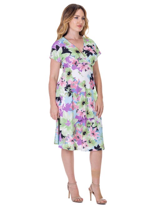 24seven Comfort Apparel Petites Floral Print V-neck Empire Waist Kimono Cap Sleeve Knee Length Dress In Multi