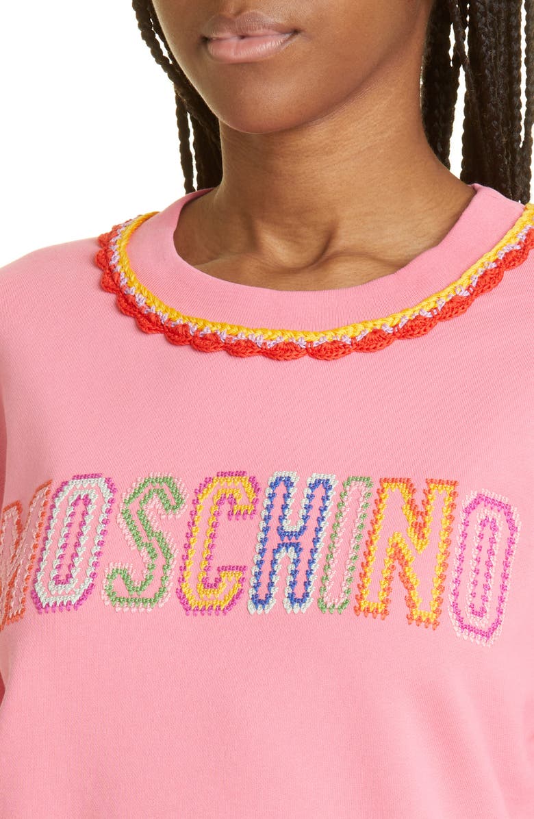 Moschino Crochet Logo Cotton French Terry Sweatshirt, Alternate, color, 