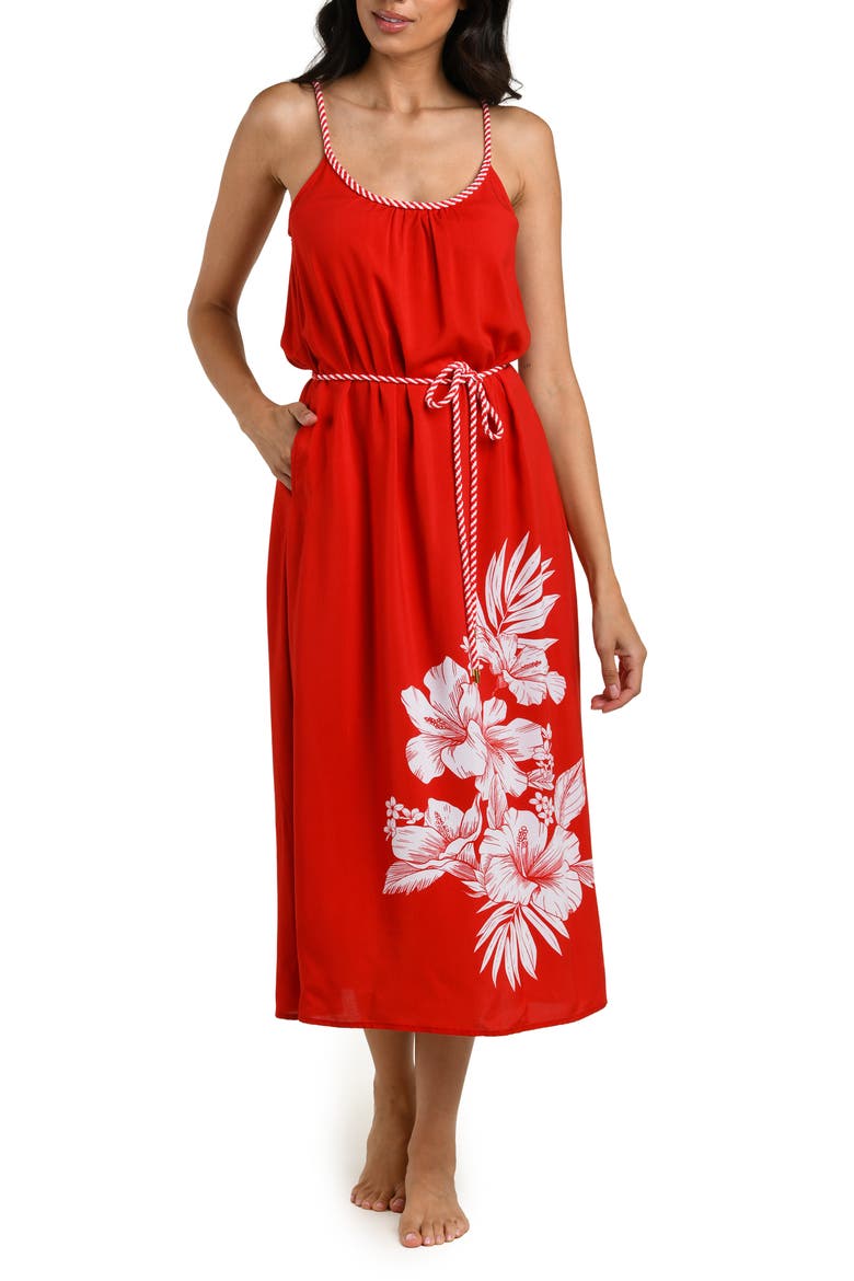 Mariner Tie Waist Sleeveless Cover-Up Midi Dress, Main, color, RUBY